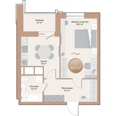 
  Продается 1-комн. квартира, 42.1 м², ЖК Небо над Енисеем
. Фото 2.