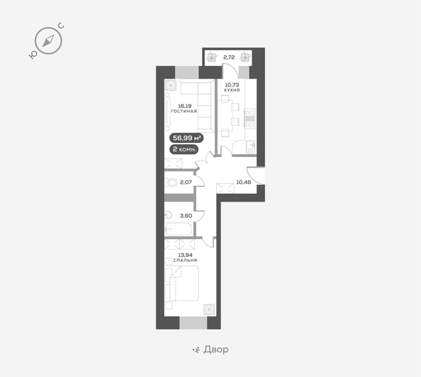 
  Продается 2-комн. квартира, 56.99 м², ЖК Сити-квартал Октябрьский, дом 2
. Фото 6.