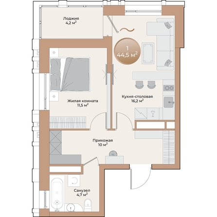 
  Продается 1-комн. квартира, 44.5 м², ЖК Небо над Енисеем
. Фото 2.
