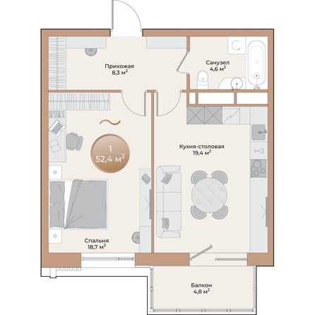 
  Продается 1-комн. квартира, 52.4 м², ЖК Небо над Енисеем
. Фото 2.