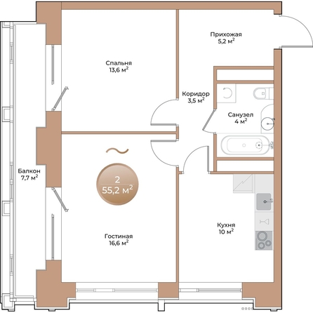 
  Продается 2-комн. квартира, 55.2 м², ЖК Небо над Енисеем
. Фото 1.