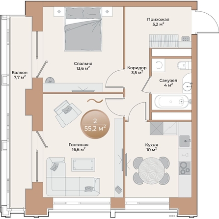 
  Продается 2-комн. квартира, 55.2 м², ЖК Небо над Енисеем
. Фото 2.