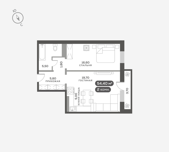 
  Продается 2-комн. квартира 54.5 м². Фото 6.