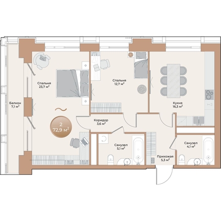 
  Продается 2-комн. квартира 72.9 м², в ЖК Небо над Енисеем. Фото 2.