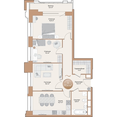 
  Продается 3-комн. квартира 77.4 м², в ЖК Небо над Енисеем. Фото 2.