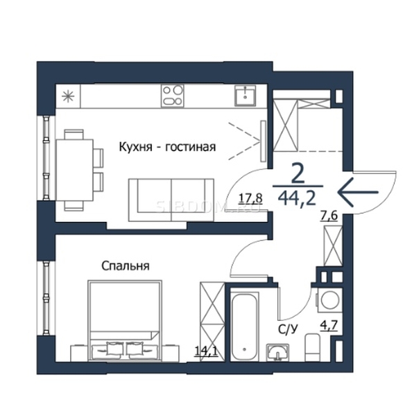 
  Продается 2-комн. квартира 44 м², в ЖК Чижи, 1 очередь (корпус 3,4). Фото 22.