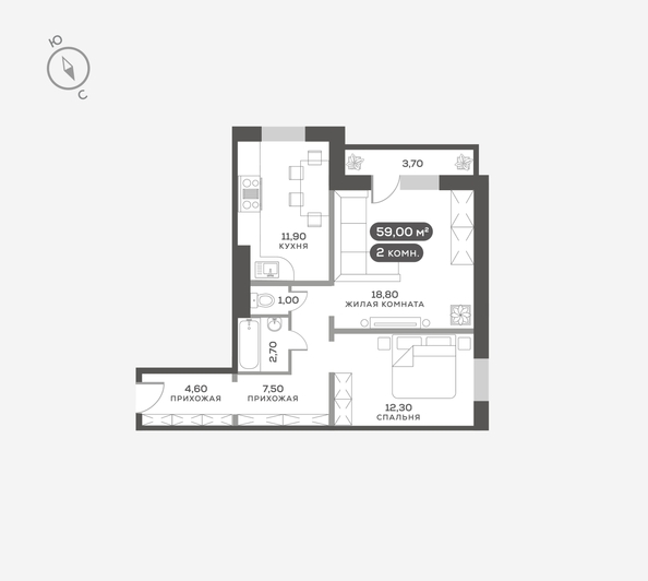 
  Продается 2-комн. квартира 59.2 м², в ЖК Белый квартал на Свободном, дом 3. Фото 6.