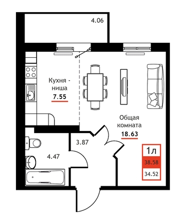 
  Продается 1-комн. квартира 38.58 м². Фото 1.