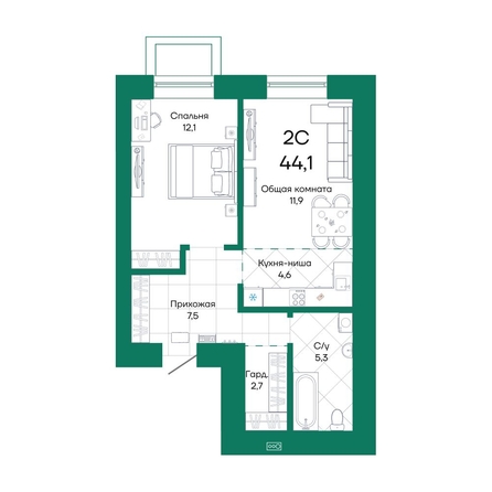 
  Продается 2-комн. квартира, 44.1 м², ЖК Широта, корпус 1
. Фото 1.