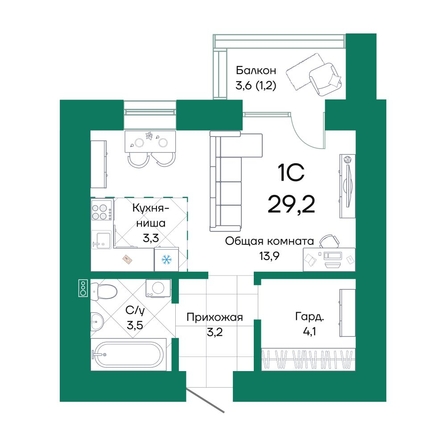 
  Продается студия, 29.2 м², ЖК Широта, корпус 1
. Фото 1.