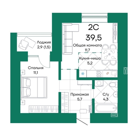 
  Продается 2-комн. квартира, 39.5 м², ЖК Широта, корпус 2
. Фото 1.