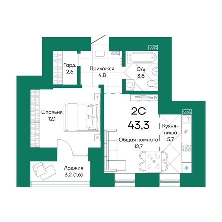 
  Продается 2-комн. квартира, 43.3 м², ЖК Широта, корпус 2
. Фото 1.