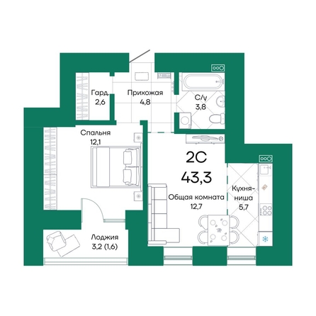 
  Продается 2-комн. квартира, 43.3 м², ЖК Широта, корпус 2
. Фото 1.