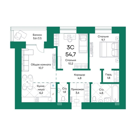 
  Продается 3-комн. квартира, 54.7 м², ЖК Широта, корпус 1
. Фото 1.