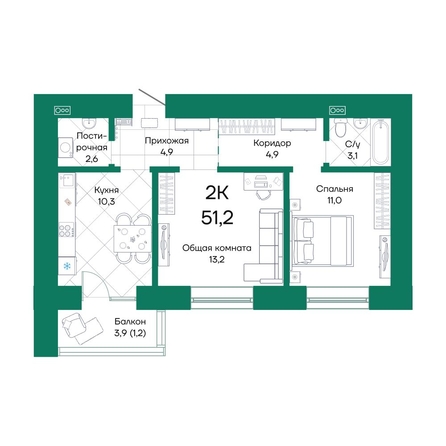 
  Продается 2-комн. квартира, 51.2 м², ЖК Широта, корпус 2
. Фото 1.