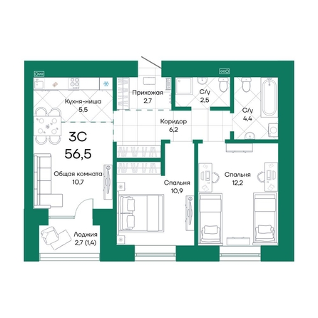
  Продается 3-комн. квартира, 56.5 м², ЖК Широта, корпус 1
. Фото 1.