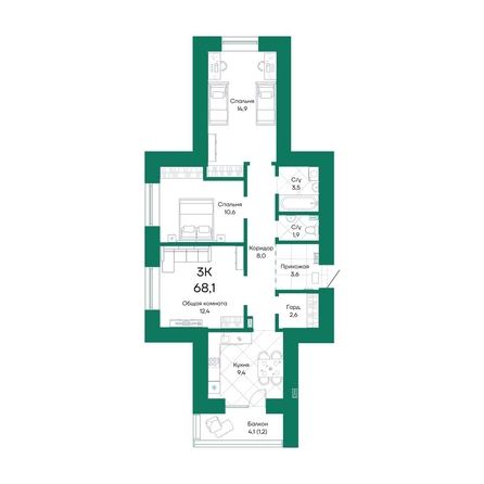 
  Продается 3-комн. квартира 68.1 м², в ЖК Широта, корпус 1. Фото 1.