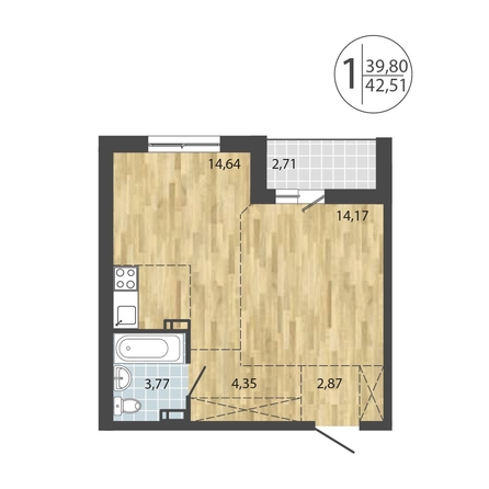 
  Продается 1-комн. квартира, 42.51 м², ЖК ЛЕРМОНТОВ ПАРК, дом 1
. Фото 6.