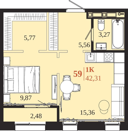 
  Продается 1-комн. квартира 42.31 м², в ЖК 1661. Фото 1.
