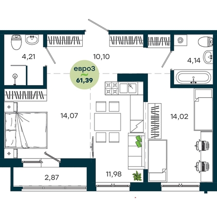 
  Продается 2-комн. квартира 61.39 м², в  ЖиВой комплекс на Кузьмихе. Фото 2.
