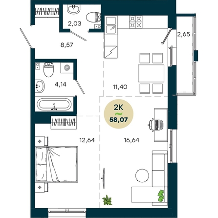 
  Продается 2-комн. квартира 58.07 м², в  ЖиВой комплекс на Кузьмихе. Фото 2.