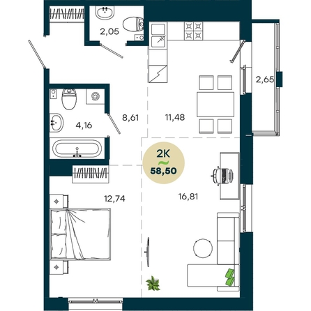 
  Продается 2-комн. квартира 58.5 м², в  ЖиВой комплекс на Кузьмихе. Фото 2.