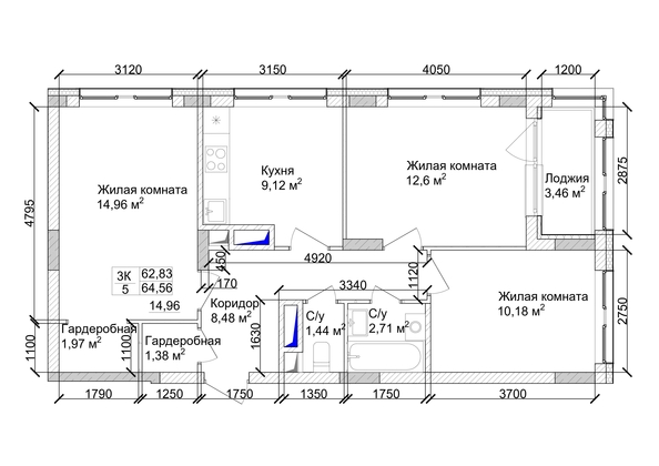 
   Продам 3-комнатную, 66.65 м², 7 высот, дом 9

. Фото 1.