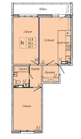 
   Продам 2-комнатную, 62.1 м², Кемерово-Сити, дом 32

. Фото 4.