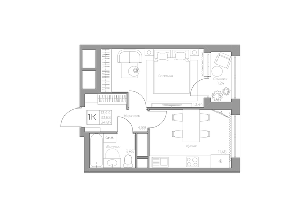 
   Продам 1-комнатную, 35.6 м², 7 высот, дом 6а

. Фото 2.