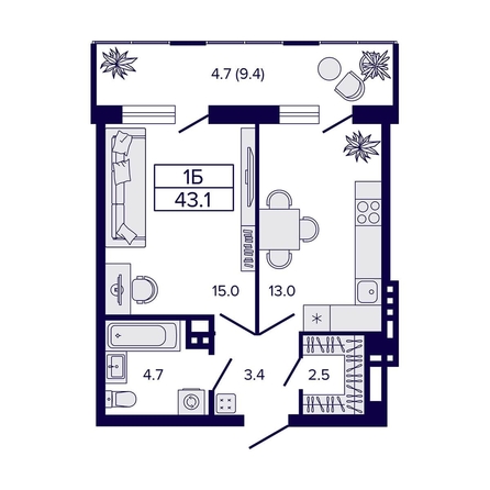 
  Продается 1-комн. квартира, 43.1 м², ЖК Luna (Луна)
. Фото 1.