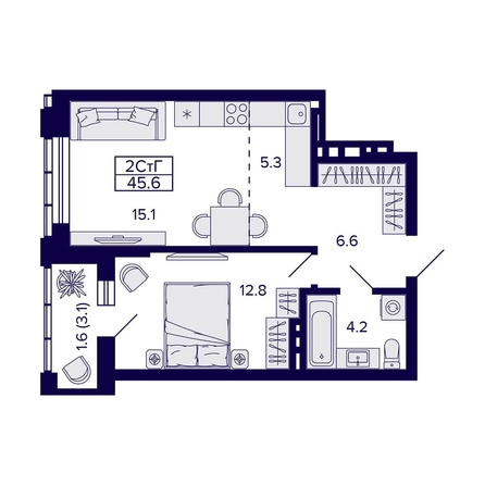 
  Продается 2-комн. квартира, 45.6 м², ЖК Grando (Грандо)
. Фото 1.