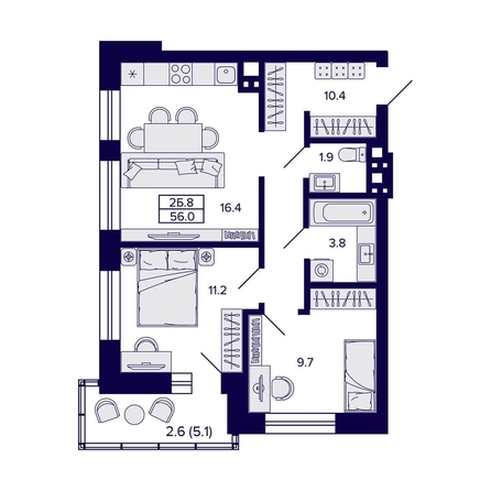 
  Продается 2-комн. квартира, 56 м², ЖК Сподвижники
. Фото 1.