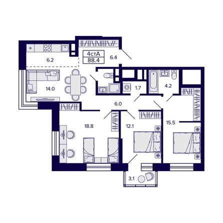 
  Продается 4-комн. квартира, 88.4 м², ЖК Citatum (Цитатум)
. Фото 1.