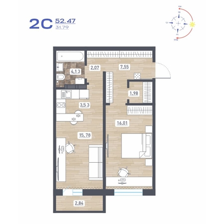 
  Продается 2-комн. квартира 52.47 м², в ЖК Радуга Сибири, дом 10. Фото 1.