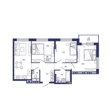 
  Продается 3-комн. квартира 73 м², в ЖК Сподвижники, дом 3. Фото 2.