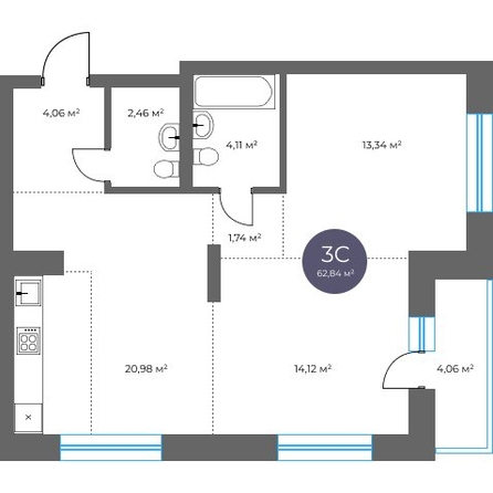 
  Продается 3-комн. квартира 62.84 м², в  Квартал на Российской, дом 3. Фото 1.