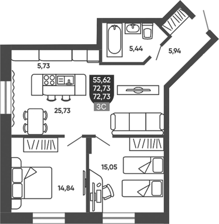
  Продается 2-комн. квартира 72.73 м², в ЖК Ермак. Фото 1.