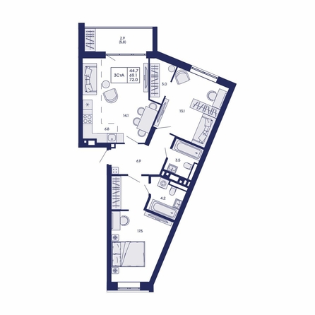 
  Продается 3-комн. квартира 72 м², в ЖК Горизонт, дом 2. Фото 1.