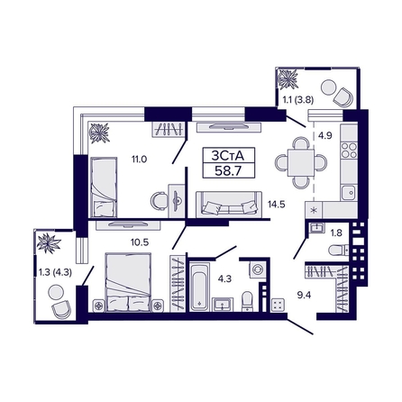 
  Продается 3-комн. квартира 58.7 м², в ЖК Луна. Фото 1.