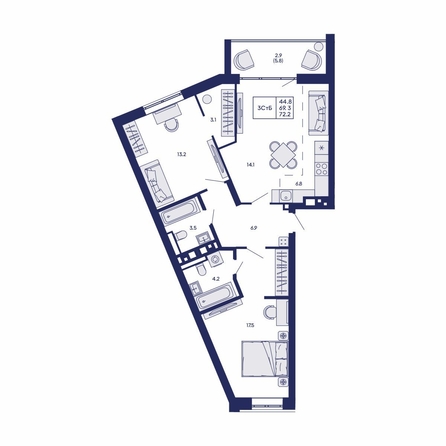 
  Продается 3-комн. квартира 72.2 м², в ЖК Горизонт, дом 2. Фото 1.