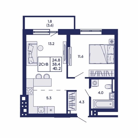 
  Продается 2-комн. квартира 40.2 м², в ЖК Горизонт, дом 2. Фото 2.
