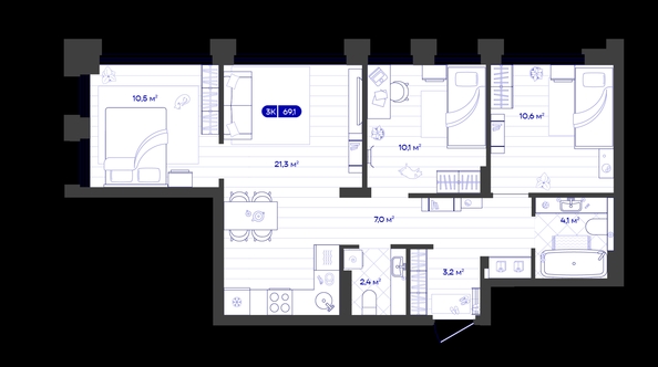 
  Продается 3-комн. квартира 69.11 м², в ЖК Баланс, 4 очередь. Фото 1.