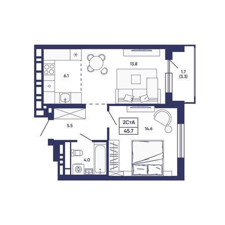 
  Продается 2-комн. квартира 45.7 м², в ЖК Сподвижники, дом 3. Фото 1.