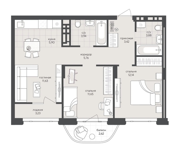 
  Продается 2-комн. квартира 64.17 м², в ЖК Новый Кедровый, дом 2. Фото 1.