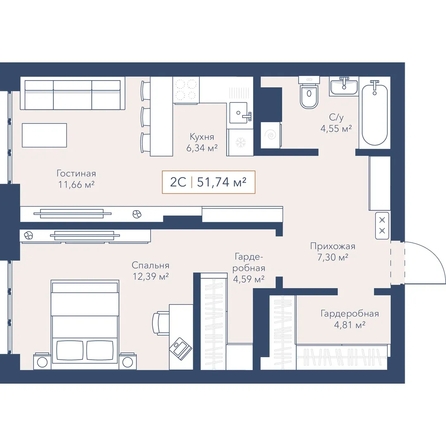 
  Продается 1-комн. квартира 51.64 м², в ЖК Виларт, дом 2. Фото 1.