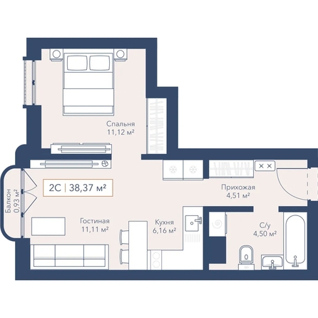 
  Продается 1-комн. квартира 38.33 м², в ЖК Виларт, дом 2. Фото 1.