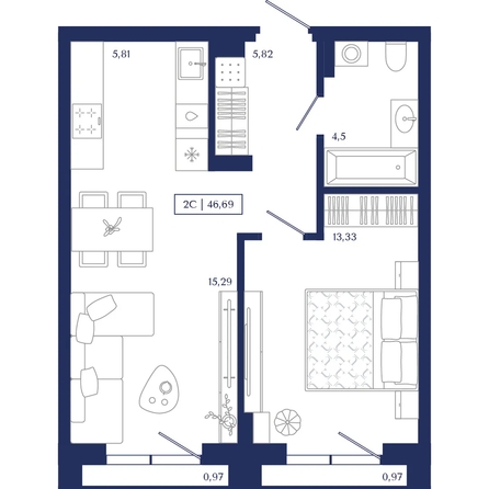 
  Продается 1-комн. квартира 46.69 м², в ЖК Юнити Центр. Фото 1.