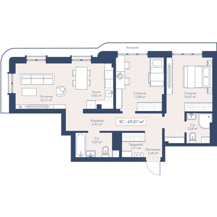 
  Продается 2-комн. квартира 69.07 м², в ЖК Виларт, дом 2. Фото 1.