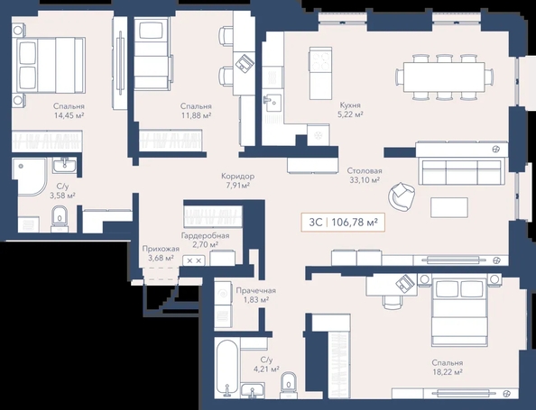 
  Продается 3-комн. квартира 106.78 м², в ЖК Виларт, дом 2. Фото 1.