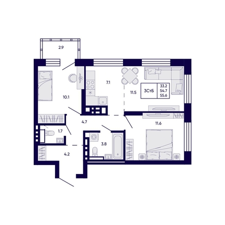 
  Продается 3-комн. квартира 55.6 м², в ЖК Цитатум. Фото 1.